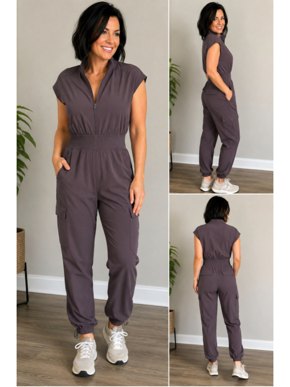 Athleta Brooklyn Utility Jumpsuit Women’s 16 Shale Featherweight Stretch Cargo - Picture 3 of 9